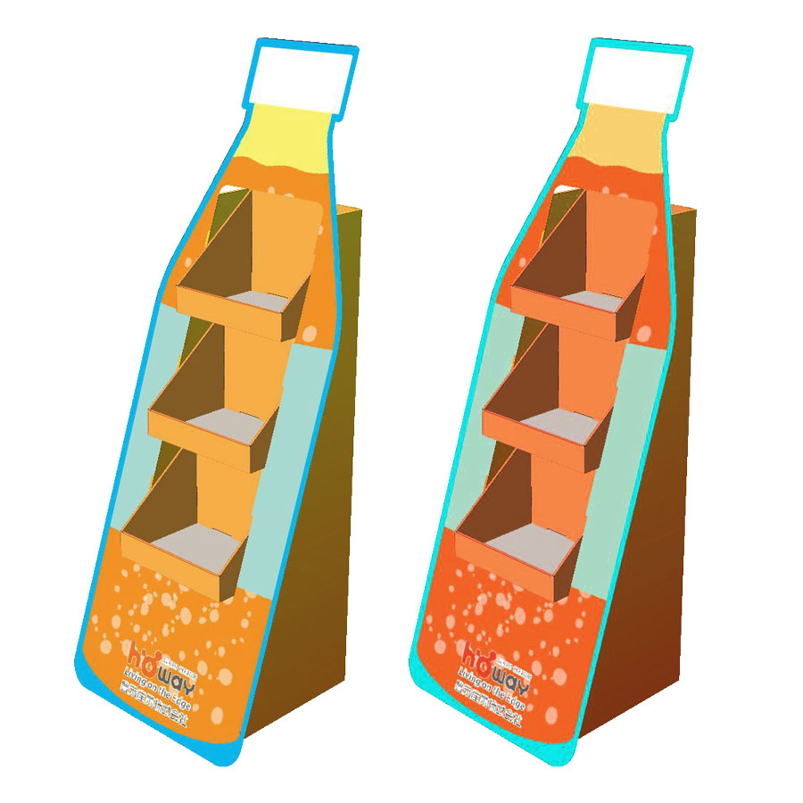 販促用フロア什器　ボトルパネル付き３段フロア什器　3Dイメージ